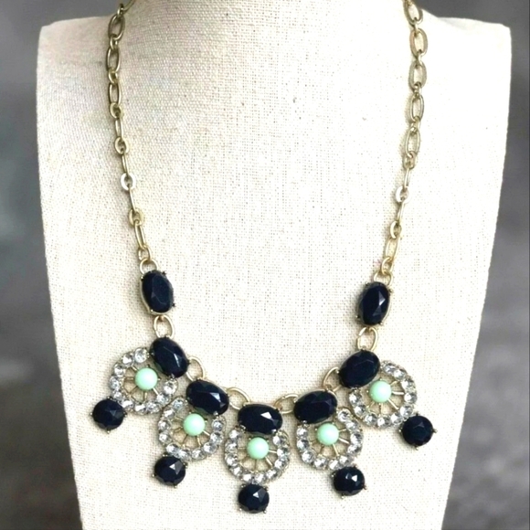 J CREW Crystal Navy Blue Green Stone Antique Gold Rhinestone Statement Necklace - Picture 1 of 4